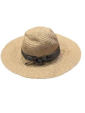 Wide‎ Brim Straw Sun Hat with Striped Bow - Beige